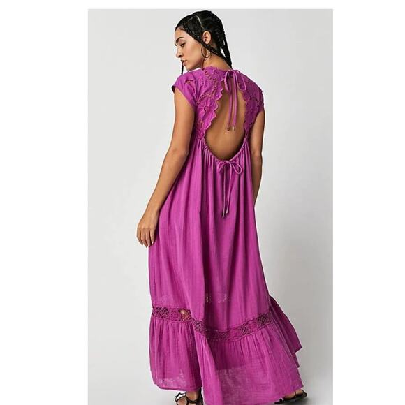 New Free People Cutwork Boho Maxi T-Shirt Dress $198 SMALL Open-Back Violet - Picture 2 of 7